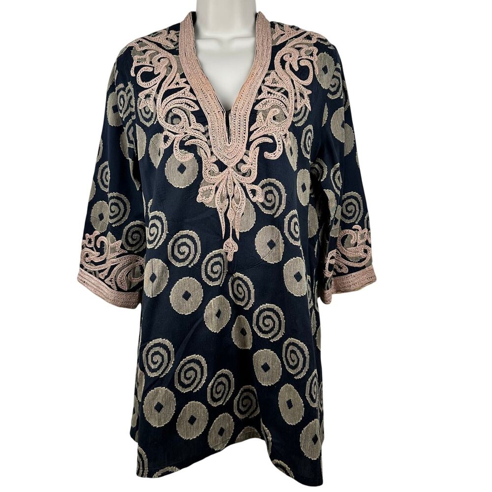 Soft Surroundings Tunic Top Blouse Embroidered Black Medium Art to Wear Resort